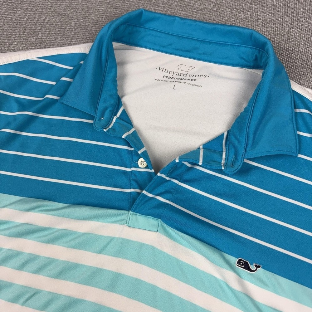 Vineyard Vines Performance Polo Shirt Mens L Blue Striped Golf Short Sleeve